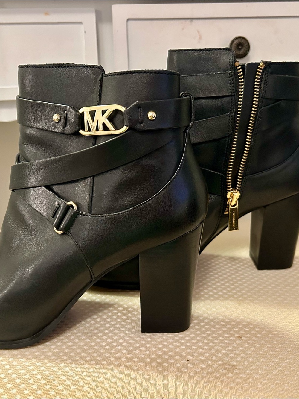 Michael Kors Black Leather MK Logo Strap Ankle Boots